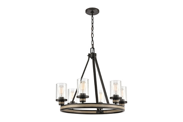 Whether your style is industrial, modern farmhouse or eclectic, delight in the versatility of this ring chandelier. Crafted of sturdy steel, it charms with seeded glass and a two-tone finish in distressed antique graywood and anvil iron for double impact.Made of steel and glass | Led compatible | Uses 6 bulbs (60-watt max); not included | Hardwired; professional installation recommended | Assembly required