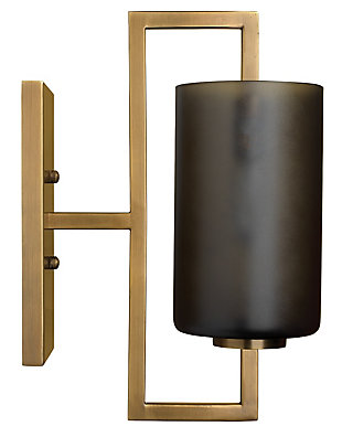 Shine a light on highly contemporary style with this masterfully modern wall sconce. Sporting a clean, architectural profile, antique brass-tone steel and ash gray frosted glass shade, this wall sconce light with craftsman influence is sure to bring a high-design touch to your living space. Damp-rated design makes it an exceptional choice for powder rooms and covered porches, too.Antique brass-tone steel frame | Ash gray frosted glass shade | 40-watt bulb (not included); candelabra base (E-12) | Damp-rated design approved for use in covered outdoor areas and bathrooms | Hardwired; professional installation recommended | Assembly required