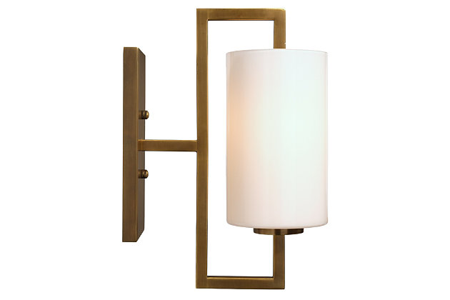 Shine a light on highly contemporary style with this masterfully modern wall sconce. Sporting a clean, architectural profile, antique brass-tone steel and white frosted glass shade, this wall sconce light with craftsman influence is sure to bring a high-design touch to your living space. Damp-rated design makes it an exceptional choice for powder rooms and covered porches, too.Antique brass-tone steel frame | White frosted glass shade | 40-watt bulb (not included); candelabra base (E-12) | Damp-rated design approved for use in covered outdoor areas and bathrooms | Hardwired; professional installation recommended | Assembly required