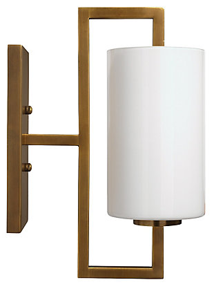 Shine a light on highly contemporary style with this masterfully modern wall sconce. Sporting a clean, architectural profile, antique brass-tone steel and white frosted glass shade, this wall sconce light with craftsman influence is sure to bring a high-design touch to your living space. Damp-rated design makes it an exceptional choice for powder rooms and covered porches, too.Antique brass-tone steel frame | White frosted glass shade | 40-watt bulb (not included); candelabra base (E-12) | Damp-rated design approved for use in covered outdoor areas and bathrooms | Hardwired; professional installation recommended | Assembly required