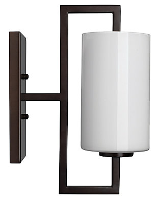 Shine a light on highly contemporary style with this masterfully modern wall sconce. Sporting a clean, architectural profile, oil-rubbed bronze-tone steel and white frosted glass shade, this wall sconce light with craftsman influence is sure to bring a high-design touch to your living space. Damp-rated design makes it an exceptional choice for powder rooms and covered porches, too.Oil-rubbed bronze-tone steel frame | White frosted glass shade | One 40-watt bulb (not included); candelabra base (E-12) | Damp-rated design approved for use in covered outdoor areas and bathrooms | Hardwired; professional installation recommended | Assembly required