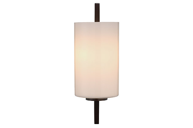 Shine a light on highly contemporary style with this masterfully modern wall sconce. Sporting a clean, architectural profile, oil-rubbed bronze-tone steel and white frosted glass shade, this wall sconce light with craftsman influence is sure to bring a high-design touch to your living space. Damp-rated design makes it an exceptional choice for powder rooms and covered porches, too.Oil-rubbed bronze-tone steel frame | White frosted glass shade | One 40-watt bulb (not included); candelabra base (E-12) | Damp-rated design approved for use in covered outdoor areas and bathrooms | Hardwired; professional installation recommended | Assembly required