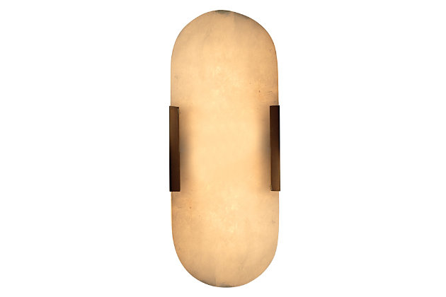 Delight in the beauty of nature with this simply striking wall sconce. This decidedly modern light fixture incorporates a sleek panel of alabaster—secured with antique brass-tone metal—designed to float in front to fully illuminate the stone’s unique veining and subtle striations. What a truly one-of-a-kind choice in interior design.Made of alabaster | Antique brass-tone frame | Two 25-watt bulbs (not included); candelabra base (E-12) | For indoor use only | Hardwired; professional installation recommended | Assembly required