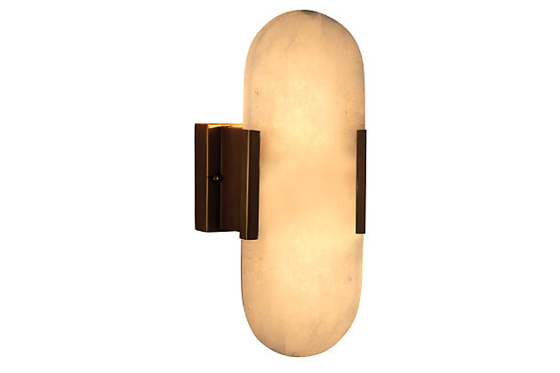 Delight in the beauty of nature with this simply striking wall sconce. This decidedly modern light fixture incorporates a sleek panel of alabaster—secured with antique brass-tone metal—designed to float in front to fully illuminate the stone’s unique veining and subtle striations. What a truly one-of-a-kind choice in interior design.Made of alabaster | Antique brass-tone frame | Two 25-watt bulbs (not included); candelabra base (E-12) | For indoor use only | Hardwired; professional installation recommended | Assembly required