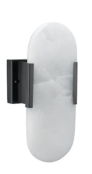 Delight in the beauty of nature with this simply striking wall sconce. This decidedly modern light fixture incorporates a sleek panel of alabaster—secured with oil-rubbed bronze-tone metal—designed to float in front to fully illuminate the stone’s unique veining and subtle striations. What a truly one-of-a-kind choice in interior design.Made of alabaster | Oil-rubbed bronze-tone frame | Two 25-watt bulbs (not included); candelabra base (E-12) | For indoor use only | Hardwired; professional installation recommended | Assembly required