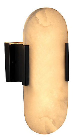 Delight in the beauty of nature with this simply striking wall sconce. This decidedly modern light fixture incorporates a sleek panel of alabaster—secured with oil-rubbed bronze-tone metal—designed to float in front to fully illuminate the stone’s unique veining and subtle striations. What a truly one-of-a-kind choice in interior design.Made of alabaster | Oil-rubbed bronze-tone frame | Two 25-watt bulbs (not included); candelabra base (E-12) | For indoor use only | Hardwired; professional installation recommended | Assembly required