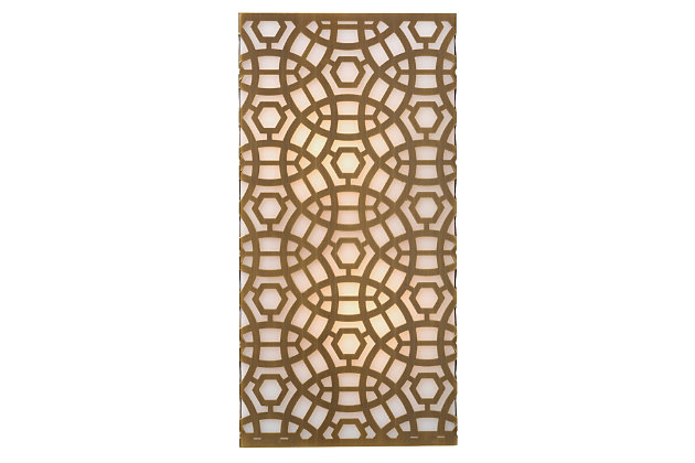 This laser cut lattice metal wall sconce incorporates an architectural element and wall art feeling to a space. The decorative metal in an antique brass-tone finish is wrapped over a milky white diffuser to emphasize the intricate pattern. Damp-rated design makes it an exceptional choice for powder rooms and covered porches, too.Made of antique brass-tone steel | Acrylic diffuser | Two 25-watt bulbs (not included); candelabra base (E-12) | Damp-rated design approved for use in covered outdoor areas and bathrooms | Hardwired; professional installation recommended | Assembly required