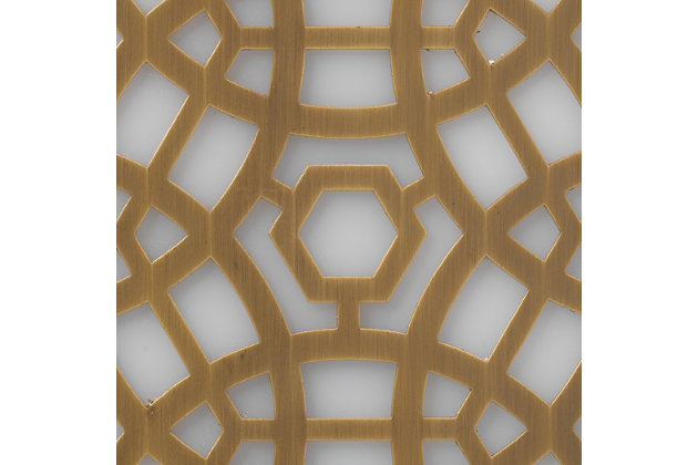 This laser cut lattice metal wall sconce incorporates an architectural element and wall art feeling to a space. The decorative metal in an antique brass-tone finish is wrapped over a milky white diffuser to emphasize the intricate pattern. Damp-rated design makes it an exceptional choice for powder rooms and covered porches, too.Made of antique brass-tone steel | Acrylic diffuser | Two 25-watt bulbs (not included); candelabra base (E-12) | Damp-rated design approved for use in covered outdoor areas and bathrooms | Hardwired; professional installation recommended | Assembly required