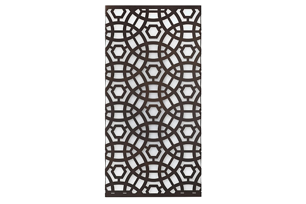 This laser cut lattice metal wall sconce incorporates an architectural element and wall art feeling to a space. The decorative metal in an oil-rubbed bronze-tone finish is wrapped over a milky white diffuser to emphasize the intricate pattern. Damp-rated design makes it an exceptional choice for powder rooms and covered porches, too.Made of oil-rubbed bronze-tone steel | Acrylic diffuser | Two 25-watt bulbs (not included); candelabra base (E-12) | Damp-rated design approved for use in covered outdoor areas and bathrooms | Hardwired; professional installation recommended | Assembly required