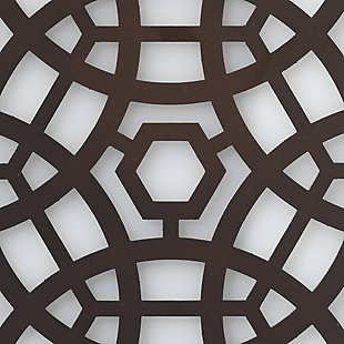 This laser cut lattice metal wall sconce incorporates an architectural element and wall art feeling to a space. The decorative metal in an oil-rubbed bronze-tone finish is wrapped over a milky white diffuser to emphasize the intricate pattern. Damp-rated design makes it an exceptional choice for powder rooms and covered porches, too.Made of oil-rubbed bronze-tone steel | Acrylic diffuser | Two 25-watt bulbs (not included); candelabra base (E-12) | Damp-rated design approved for use in covered outdoor areas and bathrooms | Hardwired; professional installation recommended | Assembly required