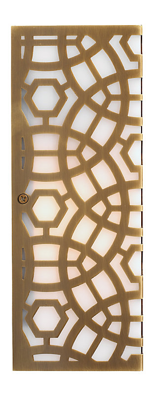 This laser cut lattice metal wall sconce incorporates an architectural element and wall art feeling to a space. The decorative metal in an antique brass-tone finish is wrapped over a milky white diffuser to emphasize the intricate pattern. Damp-rated design makes it an exceptional choice for powder rooms and covered porches, too.Made of antique brass-tone steel | Acrylic diffuser | 40-watt bulb (not included); candelabra base (E-12) | Damp-rated design approved for use in covered outdoor areas and bathrooms | Hardwired; professional installation recommended | Assembly required