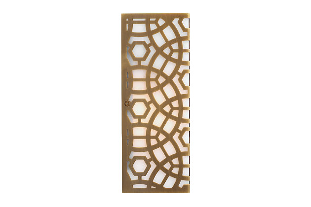 This laser cut lattice metal wall sconce incorporates an architectural element and wall art feeling to a space. The decorative metal in an antique brass-tone finish is wrapped over a milky white diffuser to emphasize the intricate pattern. Damp-rated design makes it an exceptional choice for powder rooms and covered porches, too.Made of antique brass-tone steel | Acrylic diffuser | 40-watt bulb (not included); candelabra base (E-12) | Damp-rated design approved for use in covered outdoor areas and bathrooms | Hardwired; professional installation recommended | Assembly required