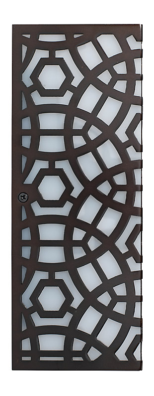 This laser cut lattice metal wall sconce incorporates an architectural element and wall art feeling to a space. The decorative metal in an oil-rubbed bronze-tone finish is wrapped over a milky white diffuser to emphasize the intricate pattern. Damp-rated design makes it an exceptional choice for powder rooms and covered porches, too.Made of oil-rubbed bronze-tone steel | Acrylic diffuser | 40-watt bulb (not included); candelabra base (E-12) | Damp-rated design approved for use in covered outdoor areas and bathrooms | Hardwired; professional installation recommended | Assembly required