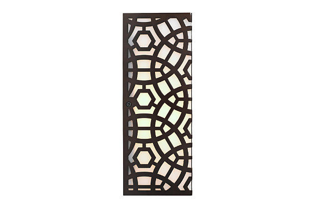 This laser cut lattice metal wall sconce incorporates an architectural element and wall art feeling to a space. The decorative metal in an oil-rubbed bronze-tone finish is wrapped over a milky white diffuser to emphasize the intricate pattern. Damp-rated design makes it an exceptional choice for powder rooms and covered porches, too.Made of oil-rubbed bronze-tone steel | Acrylic diffuser | 40-watt bulb (not included); candelabra base (E-12) | Damp-rated design approved for use in covered outdoor areas and bathrooms | Hardwired; professional installation recommended | Assembly required