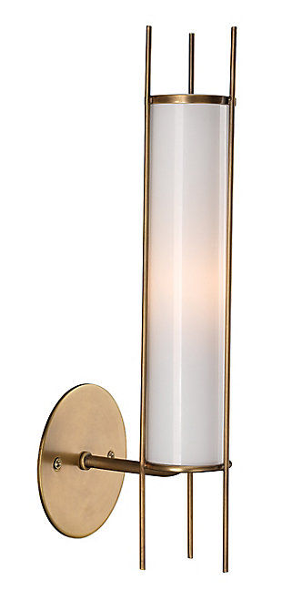 This designer wall sconce fuses glam and transitional styles for an intriguing mix. With its delicate linear metal details and white milk glass, this slim, sleek light fixture brings a splash of brilliance everywhere. Damp-rated design makes it an exceptional choice for powder rooms and covered porches, too.Made of antique brass-tone steel and glass | 40-watt bulb (not included); candelabra base (E-12) | Damp-rated design approved for use in covered outdoor areas and bathrooms | Hardwired; professional installation recommended | Assembly required