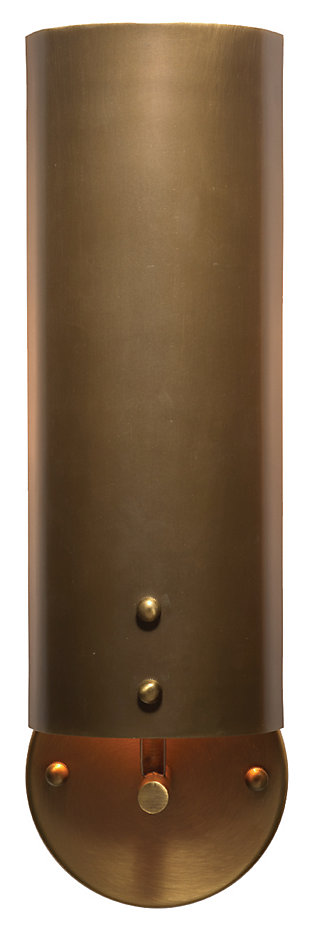 Cast a rich, low light in a corridor or hallway with this sleek, chic wall sconce. A strikingly simple choice for lovers of contemporary design, this wall sconce light fixture is also damp rated, making it an exceptional choice for powder rooms and covered porches, too.Made of steel | Antique brass-tone finish | 25-watt bulb (not included); candelabra base (E-12) | Damp-rated design approved for use in covered outdoor areas and bathrooms | Hardwired; professional installation recommended | Assembly required