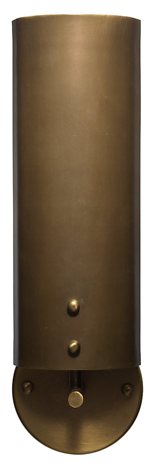 Cast a rich, low light in a corridor or hallway with this sleek, chic wall sconce. A strikingly simple choice for lovers of contemporary design, this wall sconce light fixture is also damp rated, making it an exceptional choice for powder rooms and covered porches, too.Made of steel | Antique brass-tone finish | 25-watt bulb (not included); candelabra base (E-12) | Damp-rated design approved for use in covered outdoor areas and bathrooms | Hardwired; professional installation recommended | Assembly required