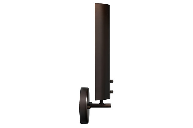 Cast a rich, low light in a corridor or hallway with this sleek, chic wall sconce. A strikingly simple choice for lovers of contemporary design, this wall sconce light fixture is also damp rated, making it an exceptional choice for powder rooms and covered porches, too.Made of steel | Oil-rubbed bronze-tone finish | 25-watt bulb (not included); candelabra base (E-12) | Damp-rated design approved for use in covered outdoor areas and bathrooms | Hardwired; professional installation recommended | Assembly required