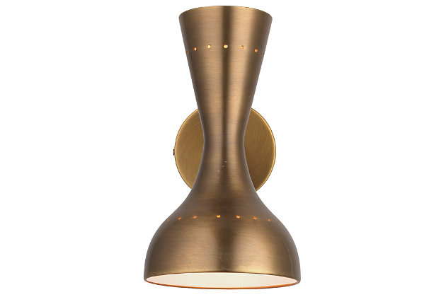 Incorporate big style in a small footprint with this mid-century inspired metal wall sconce with shapely hourglass silhouette. This wall sconce is equipped with two directional sockets: one upward and one downward within the swivel hood, making it easy to direct light that’s just right. Damp-rated design makes it an exceptional choice for powder rooms and covered porches, too.Made of steel | Antique bronze-tone finish | 2 bulbs (not included); 25-watt bottom socket; 40-watt top socket      candelabra base (E-12) | Damp-rated design approved for use in covered outdoor areas and bathrooms | Hardwired; professional installation recommended | Assembly required