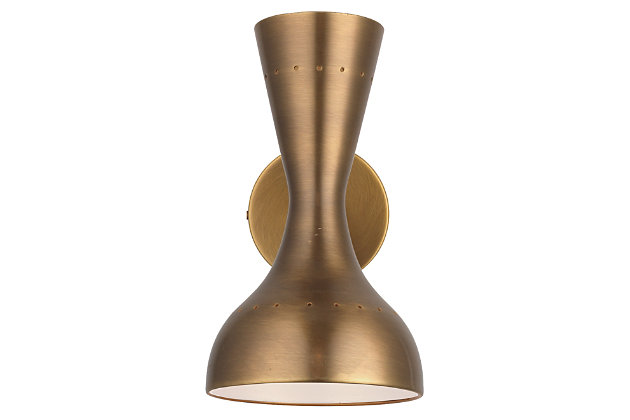 Incorporate big style in a small footprint with this mid-century inspired metal wall sconce with shapely hourglass silhouette. This wall sconce is equipped with two directional sockets: one upward and one downward within the swivel hood, making it easy to direct light that’s just right. Damp-rated design makes it an exceptional choice for powder rooms and covered porches, too.Made of steel | Antique bronze-tone finish | 2 bulbs (not included); 25-watt bottom socket; 40-watt top socket      candelabra base (E-12) | Damp-rated design approved for use in covered outdoor areas and bathrooms | Hardwired; professional installation recommended | Assembly required