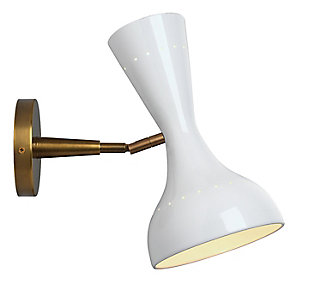 Incorporate big style in a small footprint with this mid-century inspired metal wall sconce with shapely hourglass silhouette. This wall sconce is equipped with two directional sockets: one upward and one downward within the swivel hood, making it easy to direct light that’s just right. Damp-rated design makes it an exceptional choice for powder rooms and covered porches, too.Made of steel | White/antique bronze-tone finish | 2 bulbs (not included); 25-watt bottom socket; 40-watt top socket      candelabra base (E-12) | Damp-rated design approved for use in covered outdoor areas and bathrooms | Hardwired; professional installation recommended | Assembly required