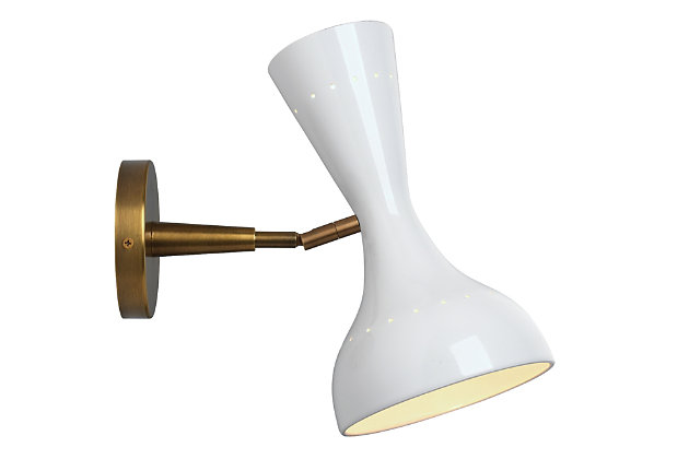 Incorporate big style in a small footprint with this mid-century inspired metal wall sconce with shapely hourglass silhouette. This wall sconce is equipped with two directional sockets: one upward and one downward within the swivel hood, making it easy to direct light that’s just right. Damp-rated design makes it an exceptional choice for powder rooms and covered porches, too.Made of steel | White/antique bronze-tone finish | 2 bulbs (not included); 25-watt bottom socket; 40-watt top socket      candelabra base (E-12) | Damp-rated design approved for use in covered outdoor areas and bathrooms | Hardwired; professional installation recommended | Assembly required