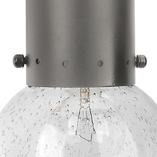 Art meets industrial in this striking wall sconce light fixture. Gunmetal steel is paired with a suspended seeded glass globe for a touch of drama. Damp-rated design makes it an exceptional choice for powder rooms and covered porches, too.Made of gunmetal gray steel and seeded glass | 40-watt bulb (not included); candelabra base (E-12) | Damp-rated design approved for use in covered outdoor areas and bathrooms | Hardwired; professional installation recommended | Assembly required