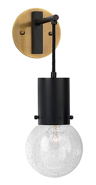 Art meets industrial in this striking wall sconce light fixture. Two-tone steel is paired with a suspended seeded glass globe for a touch of drama. Damp-rated design makes it an exceptional choice for powder rooms and covered porches, too.Made of black and oil-rubbed bronze-tone steel and seeded glass | 40-watt bulb (not included); candelabra base (E-12) | Damp-rated design approved for use in covered outdoor areas and bathrooms | Hardwired; professional installation recommended | Assembly required