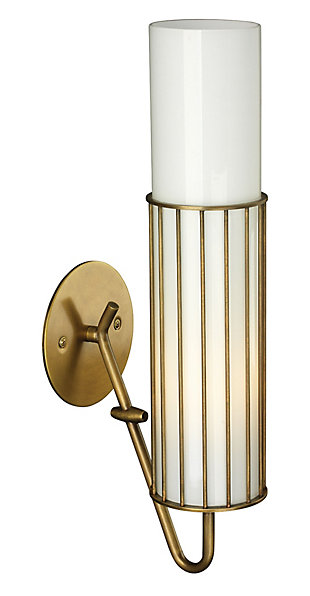 This designer wall sconce fuses mid century and modern influences for an intriguing mix. With its delicate metal wire shade holder and white milk glass cylinder, this slim, sleek light fixture brings a splash of brilliance everywhere. Damp-rated design makes it an exceptional choice for powder rooms and covered porches, too.Made of antique brass-tone steel and opaque white milk glass | 40-watt bulb (not included); medium base (E-26) | Damp-rated design approved for use in covered outdoor areas and bathrooms | Hardwired; professional installation recommended | Assembly required