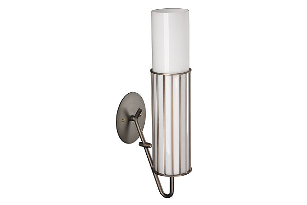 This designer wall sconce fuses mid century and modern influences for an intriguing mix. With its delicate metal wire shade holder and white milk glass cylinder, this slim, sleek light fixture brings a splash of brilliance everywhere. Damp-rated design makes it an exceptional choice for powder rooms and covered porches, too.Made of gunmetal gray steel and opaque white milk glass | 40-watt bulb (not included); medium base (E-26) | Damp-rated design approved for use in covered outdoor areas and bathrooms | Hardwired; professional installation recommended | Assembly required