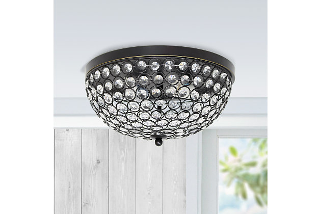 Bejewel your home with this gorgeous two (2) light Elipse crystal ceiling flush mount. It features a beautiful Restoration Bronze finish and crystal tiled shade. This fabulously chic design will be the envy of all your friends!  We believe that lighting is like jewelry for your home. Our products will help to enhance your room with elegance and sophistication.Flawless restoration bronze finish | Beautiful crystal shade | Uses 2 x 60w medium base type b bulbs (not included) | 13" diameter