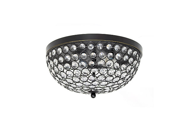 Bejewel your home with this gorgeous two (2) light Elipse crystal ceiling flush mount. It features a beautiful Restoration Bronze finish and crystal tiled shade. This fabulously chic design will be the envy of all your friends!  We believe that lighting is like jewelry for your home. Our products will help to enhance your room with elegance and sophistication.Flawless restoration bronze finish | Beautiful crystal shade | Uses 2 x 60w medium base type b bulbs (not included) | 13" diameter