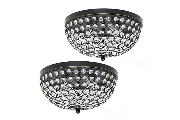 Bejewel your home with this gorgeous two (2) light Elipse crystal ceiling flush mount 2 pack. It features two (2) beautiful Restoration Bronze finish and crystal tiled shades. This fabulously chic design will be the envy of all your friends!  We believe that lighting is like jewelry for your home. Our products will help to enhance your room with elegance and sophistication.Flawless restoration bronze finish | Beautiful crystal shade | Each flushmount uses 2 x 60w medium base type b bulbs (not included) | Perfect for living room, dining room, bedroom, office, or foyer.