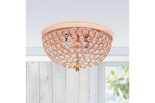 Bejewel your home with this gorgeous two (2) light Elipse crystal ceiling flush mount 2 pack. It features two (2) beautiful Rose Gold (copper) finish and crystal tiled shades. This fabulously chic design will be the envy of all your friends!  We believe that lighting is like jewelry for your home. Our products will help to enhance your room with elegance and sophistication.Flawless rose gold (copper) finish | Beautiful crystal shade | Each flushmount uses 2 x 60w medium base type b bulbs (not included) | Perfect for living room, dining room, bedroom, office, or foyer.