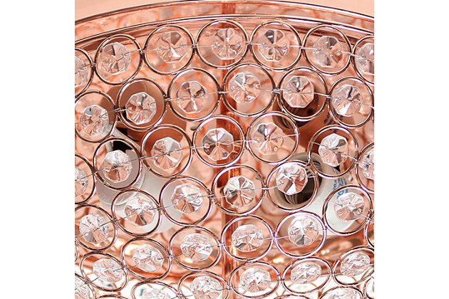 Bejewel your home with this gorgeous two (2) light Elipse crystal ceiling flush mount 2 pack. It features two (2) beautiful Rose Gold (copper) finish and crystal tiled shades. This fabulously chic design will be the envy of all your friends!  We believe that lighting is like jewelry for your home. Our products will help to enhance your room with elegance and sophistication.Flawless rose gold (copper) finish | Beautiful crystal shade | Each flushmount uses 2 x 60w medium base type b bulbs (not included) | Perfect for living room, dining room, bedroom, office, or foyer.