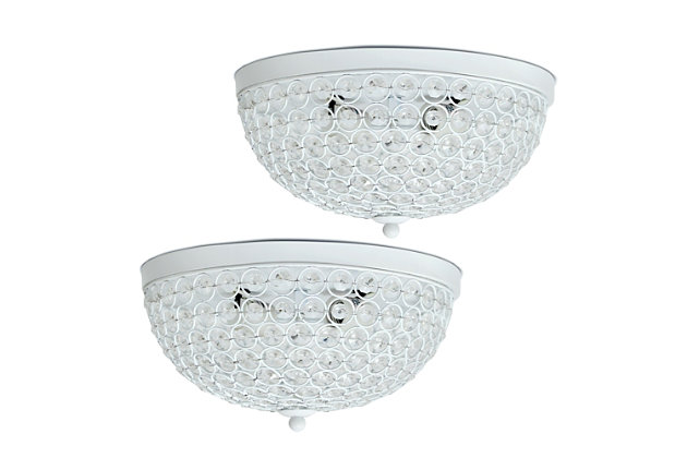 Bejewel your home with this gorgeous two (2) light Elipse crystal ceiling flush mount 2 pack. It features two (2) beautiful White finish and crystal tiled shades. This fabulously chic design will be the envy of all your friends!  We believe that lighting is like jewelry for your home. Our products will help to enhance your room with elegance and sophistication.Flawless white finish | Beautiful crystal shade | Each flushmount uses 2 x 60w medium base type b bulbs (not included) | Perfect for living room, dining room, bedroom, office, or foyer. | Some assembly required | Available in a variety of finishes
