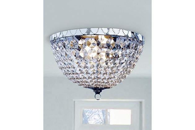 Bejewel your home with this gorgeous two (2) light elegant crystal drop ceiling flushmount. It features a beautiful crystal shade. This fabulously chic design will be the envy of all your friends! We believe that lighting is like jewelry for your home. Our products will help to enhance your room with elegance and sophistication.Gorgeous crystal rain drop shade | Flawless chrome finish | Uses 2 x 40w type b medium base bulbs (not included) | 13" diameter