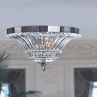 Brighten your home with this gorgeous two (2) light flushmount featuring a flawless chrome finish and beautifully crafted clear glass shade. This fabulously chic design will be the envy of all your friends! We believe that lighting is like jewelry for your home. Our products will help to enhance your room with elegance and sophistication.Gorgeous glass shade | Flawless chrome finish | Uses 2 x 40w type b medium base bulbs (not included) | 14" diameter