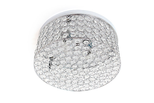 This round crystal flushmount is the perfect light to accent your home and brighten up your space in a luxurious fashion!  Designed with elegant crystals throughout the fixture, this flushmount will compliment both contemporary and modern settings. This medium sized flushmount features a chrome base and details, surrounding beautiful crystals, adding a glamorous touch to your décor.Features a round chrome base and details | Elegant k5 crystals throughout, including 4 rows of crystals in height | Uses 2 x 60 watt type b medium based incandescent bulbs  (not included) | Canopy base diameter: 12.00"