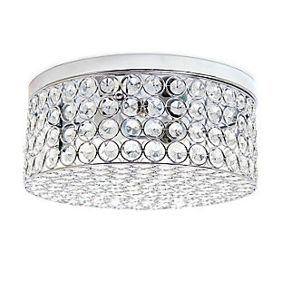 This round crystal flushmount is the perfect light to accent your home and brighten up your space in a luxurious fashion!  Designed with elegant crystals throughout the fixture, this flushmount will compliment both contemporary and modern settings. This medium sized flushmount features a chrome base and details, surrounding beautiful crystals, adding a glamorous touch to your décor.Features a round chrome base and details | Elegant k5 crystals throughout, including 4 rows of crystals in height | Uses 2 x 60 watt type b medium based incandescent bulbs  (not included) | Canopy base diameter: 12.00"