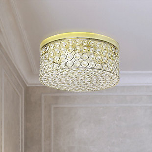 This round crystal flushmount is the perfect light to accent your home and brighten up your space in a luxurious fashion!  Designed with elegant crystals throughout the fixture, this flushmount will compliment both contemporary and modern settings. This medium sized flushmount features a gold base and details, surrounding beautiful crystals, adding a glamorous touch to your décor.Features a round gold base and details | Elegant k5 crystals throughout, including 4 rows of crystals in height | Uses 2 x 60 watt type b medium base bulbs  (not included) | Diameter: 12"  height: 5"