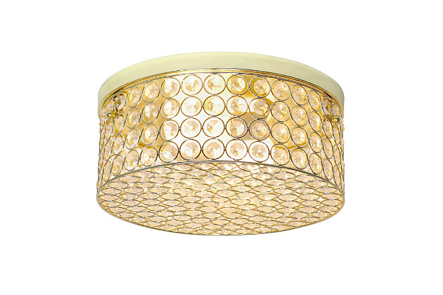 This round crystal flushmount is the perfect light to accent your home and brighten up your space in a luxurious fashion!  Designed with elegant crystals throughout the fixture, this flushmount will compliment both contemporary and modern settings. This medium sized flushmount features a gold base and details, surrounding beautiful crystals, adding a glamorous touch to your décor.Features a round gold base and details | Elegant k5 crystals throughout, including 4 rows of crystals in height | Uses 2 x 60 watt type b medium base bulbs  (not included) | Diameter: 12"  height: 5"