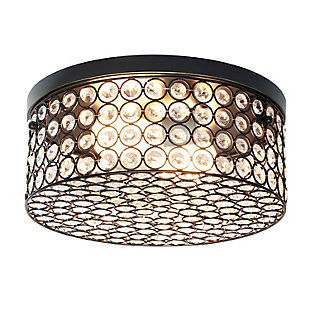 This round crystal flushmount is the perfect light to accent your home and brighten up your space in a luxurious fashion!  Designed with elegant crystals throughout the fixture, this flushmount will compliment both contemporary and modern settings. This medium sized flushmount features a restoration bronze base and details, surrounding beautiful crystals, adding a glamorous touch to your décor.Features a round restoration bronze base and details | Elegant k5 crystals throughout, including 4 rows of crystals in height | Uses 2 x 60 watt type b medium base bulbs  (not included) | Diameter: 12"  height: 5"