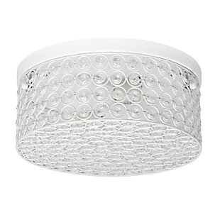 This round crystal flushmount is the perfect light to accent your home and brighten up your space in a luxurious fashion!  Designed with elegant crystals throughout the fixture, this flushmount will compliment both contemporary and modern settings. This medium sized flushmount features a white base and details, surrounding beautiful crystals, adding a glamorous touch to your décor.Features a round white base and details | Elegant k5 crystals throughout, including 4 rows of crystals in height | Uses 2 x 60 watt type b medium base bulbs  (not included) | Diameter: 12"  height: 5"