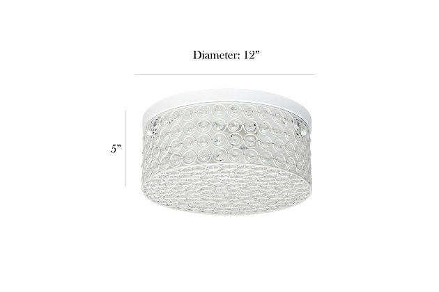 This round crystal flushmount is the perfect light to accent your home and brighten up your space in a luxurious fashion!  Designed with elegant crystals throughout the fixture, this flushmount will compliment both contemporary and modern settings. This medium sized flushmount features a white base and details, surrounding beautiful crystals, adding a glamorous touch to your décor.Features a round white base and details | Elegant k5 crystals throughout, including 4 rows of crystals in height | Uses 2 x 60 watt type b medium base bulbs  (not included) | Diameter: 12"  height: 5"