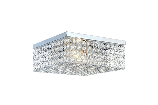 This square crystal flushmount is the perfect light to accent your home and brighten up your space in a luxurious fashion!  Designed with elegant crystals throughout the fixture, this flushmount will compliment both contemporary and modern settings. This medium sized flushmount features a chrome base and details, surrounding beautiful crystals, adding a glamorous touch to your décor.Features a square chrome base and details | Elegant k5 crystals throughout, including 4 rows of crystals in height | Uses 2 x 60 watt type b medium based incandescent bulbs  (not included) | 12" square
5" height