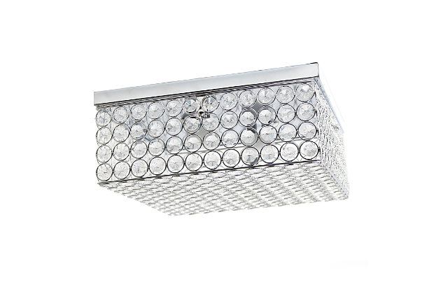 This square crystal flushmount is the perfect light to accent your home and brighten up your space in a luxurious fashion!  Designed with elegant crystals throughout the fixture, this flushmount will compliment both contemporary and modern settings. This medium sized flushmount features a chrome base and details, surrounding beautiful crystals, adding a glamorous touch to your décor.Features a square chrome base and details | Elegant k5 crystals throughout, including 4 rows of crystals in height | Uses 2 x 60 watt type b medium based incandescent bulbs  (not included) | 12" square
5" height