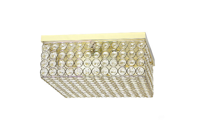 This square crystal flushmount is the perfect light to accent your home and brighten up your space in a luxurious fashion!  Designed with elegant crystals throughout the fixture, this flushmount will compliment both contemporary and modern settings. This medium sized flushmount features a gold base and details, surrounding beautiful crystals, adding a glamorous touch to your décor.Features a square gold base and details | Elegant k5 crystals throughout, including 4 rows of crystals in height | Uses 2 x 60 watt type b medium base bulbs  (not included) | 12" square
5" height