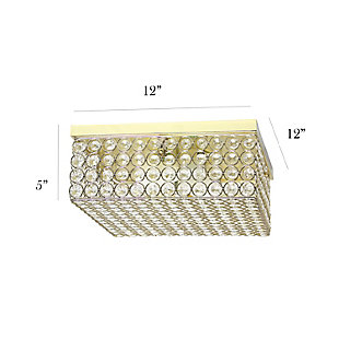 This square crystal flushmount is the perfect light to accent your home and brighten up your space in a luxurious fashion!  Designed with elegant crystals throughout the fixture, this flushmount will compliment both contemporary and modern settings. This medium sized flushmount features a gold base and details, surrounding beautiful crystals, adding a glamorous touch to your décor.Features a square gold base and details | Elegant k5 crystals throughout, including 4 rows of crystals in height | Uses 2 x 60 watt type b medium base bulbs  (not included) | 12" square
5" height