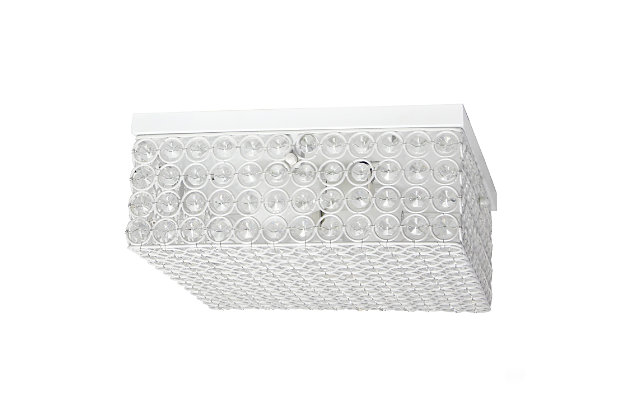 This square crystal flushmount is the perfect light to accent your home and brighten up your space in a luxurious fashion!  Designed with elegant crystals throughout the fixture, this flushmount will compliment both contemporary and modern settings. This medium sized flushmount features a white base and details, surrounding beautiful crystals, adding a glamorous touch to your décor.Features a square white base and details | Elegant k5 crystals throughout, including 4 rows of crystals in height | Uses 2 x 60 watt type b medium base bulbs  (not included) | 12" square
5" height